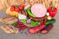 Meat products.Smoked ham,sausage,bacon,vegetables Royalty Free Stock Photo