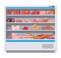 Meat products in supermarket fridge.