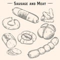 Meat products. Veal, beef, pork sausage, Meat products Hand drawn vintage sketch. Products for label, restaurant menu Royalty Free Stock Photo