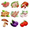 Meat products and vegetables. Food in cartoon style. Big vector set of nine icons for culinary design projects Royalty Free Stock Photo