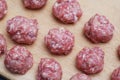 Meat Raw Balls from Raw Beef force-meat on a Chopping board. close Up. Royalty Free Stock Photo