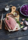 Meat, red cabbage, onion, garlic, spices and herbs- raw ingredients for cooking delicious and healthy lunch. Royalty Free Stock Photo