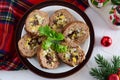 Meat roll stuffed with eggs, olives, sundried tomatos. Royalty Free Stock Photo