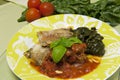 Meat rolls in tomato sauce served with spinach Royalty Free Stock Photo