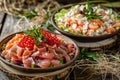 Meat Salads on Village Background, Olivie or Olivier Salmon Salad with Red Caviar, Caesar Salad Royalty Free Stock Photo