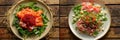 Meat Salads on Village Background, Olivie or Olivier Salmon Salad with Red Caviar, Caesar Salad Royalty Free Stock Photo