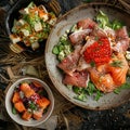 Meat Salads on Village Background, Olivie or Olivier Salmon Salad with Red Caviar, Caesar Salad Royalty Free Stock Photo