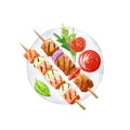 Meat and salmon skewers with ketchup, arugula, and tomato Royalty Free Stock Photo