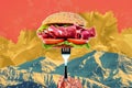 Meat sandwich on fork with mountains in background, modern collage art Royalty Free Stock Photo