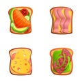 Meat sandwich icons set cartoon vector. Toasted bread with sausage and ham