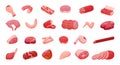 Meat and sausage cartoon fresh farm goods. Butchery shop or steakhouse menu food, meats market. Isolated bbq raw