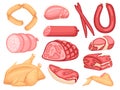 Meat sausage. Cartoon sausages, fresh farmer food. Pork, bacon, cutting animal products. Meats slices, steak and hamon