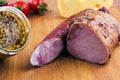 Meat, sausage, cheese with french mustard Royalty Free Stock Photo
