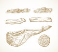 Meat and Sausage Hand Drawn Doodle Vector Illustrations Set. Jamon Leg, Bacon and Salami Sketch Style Drawings Royalty Free Stock Photo