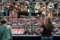 Meat and sausage shop in la boqueria market barcelona spain Royalty Free Stock Photo