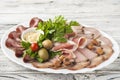 Meat and sausage sliced on a plate with nuts, garlic sauce. Pastrami, baked ham, chorizo, bacon, olives, cherry tomatoes on a plat Royalty Free Stock Photo