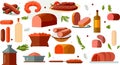 Meat sausages. Sausages assortment vector illustration set. Food, meat dish.