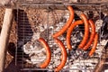 Meat sausages are fried on a steel grilled grill against the backdrop of coals Royalty Free Stock Photo