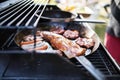 Meat and sausages on the grill. Garden party outside in the backyard. Royalty Free Stock Photo