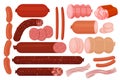 Meat and sausages Set of fresh and prepared meat. Beef, pork, pieces of bacon. Cartoon style realistic vector illustration icons