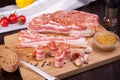 Meat and sausages Set of fresh and prepared meat. Beef, pork, salted lard and bologna and salami sausages Royalty Free Stock Photo