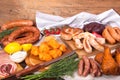 Meat and sausages Set of fresh and prepared meat. Beef, pork, salted lard and bologna and salami sausages Royalty Free Stock Photo