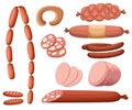 Meat and sausages Set of fresh and prepared meat. Beef, pork, salted lard and bologna and salami sausages. Modern flat style reali Royalty Free Stock Photo