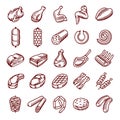 Meat and sausages vector isolated icon set