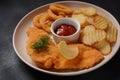 Meat schnitzel and fried potatoes with onion rings deep fried Royalty Free Stock Photo