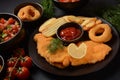 Meat schnitzel and fried potatoes with onion rings deep fried Royalty Free Stock Photo