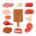 Meat set, cutting board. Cartoon flat style. Vector illustration