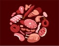 Meat set illustration. Fresh meat and boiled sausage, salami and chicken, bacon, raw sliced pork tenderloin and cooked Royalty Free Stock Photo