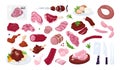 Meat set of isolated vector illustrations. Meat cuts assortment of beef, pork, lamb, round steak and boneless rump