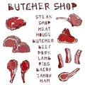 Meat Set with Lettering. Steak House or Butcher Shop or Restaurant Menu. Lamb, Pork, Ribs, Bacon. Hand Drawn Illustration. Savoyar