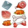 Meat set - raw meat, scales, bones, cooked pig and chicken with vegetables. Vector food collection. Cuisine product