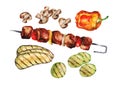 Meat shashlik with grilled vegetables. Watercolor illustration on a white background