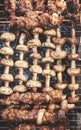 Meat-shish kebab and mushrooms on skewers and grill grill. Top v Royalty Free Stock Photo