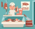 Meat Shop Counter Butcher Seller Retro Vintage Cartoon Character Icon Background Design Vector Illustration