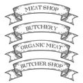 Meat shop market butchery emblem ribbon. Monochrome medieval set vintage engraving