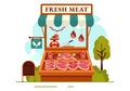 Meat Shop or market Vector Illustration with Various Fresh Meats Products and Sausages of Beef Pork Chicken in Flat Cartoon Royalty Free Stock Photo