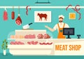 Meat Shop or market Vector Illustration with Various Fresh Meats Products and Sausages of Beef Pork Chicken in Flat Cartoon Royalty Free Stock Photo