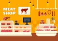 Meat Shop or market Vector Illustration with Various Fresh Meats Products and Sausages of Beef Pork Chicken in Flat Cartoon Royalty Free Stock Photo