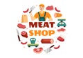 Meat Shop or market Vector Illustration with Various Fresh Meats Products and Sausages of Beef Pork Chicken in Flat Cartoon Royalty Free Stock Photo