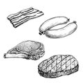 Meat sketch set. Bacon slice, sausages, pork steak with rib and grilled beefsteak. Butchery hand drawn illustrations for menu and