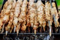 Meat skewers being grilled barbecue Royalty Free Stock Photo