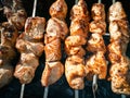 Meat skewers on skewers. Cooking on charcoal grill. Horizontal photo Royalty Free Stock Photo