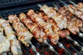 Meat on skewers is grilled with burning charcoal