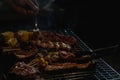 Meat and skewers ingredients for barbecue party are placed on grill to cook barbecue and make it ready for family to join barbecue Royalty Free Stock Photo