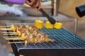 Meat and skewers ingredients for barbecue party are placed on grill to cook barbecue and make it ready for family to join barbecue Royalty Free Stock Photo