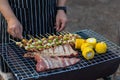 Meat and skewers ingredients for barbecue party are placed on grill to cook barbecue and make it ready for family to join barbecue Royalty Free Stock Photo